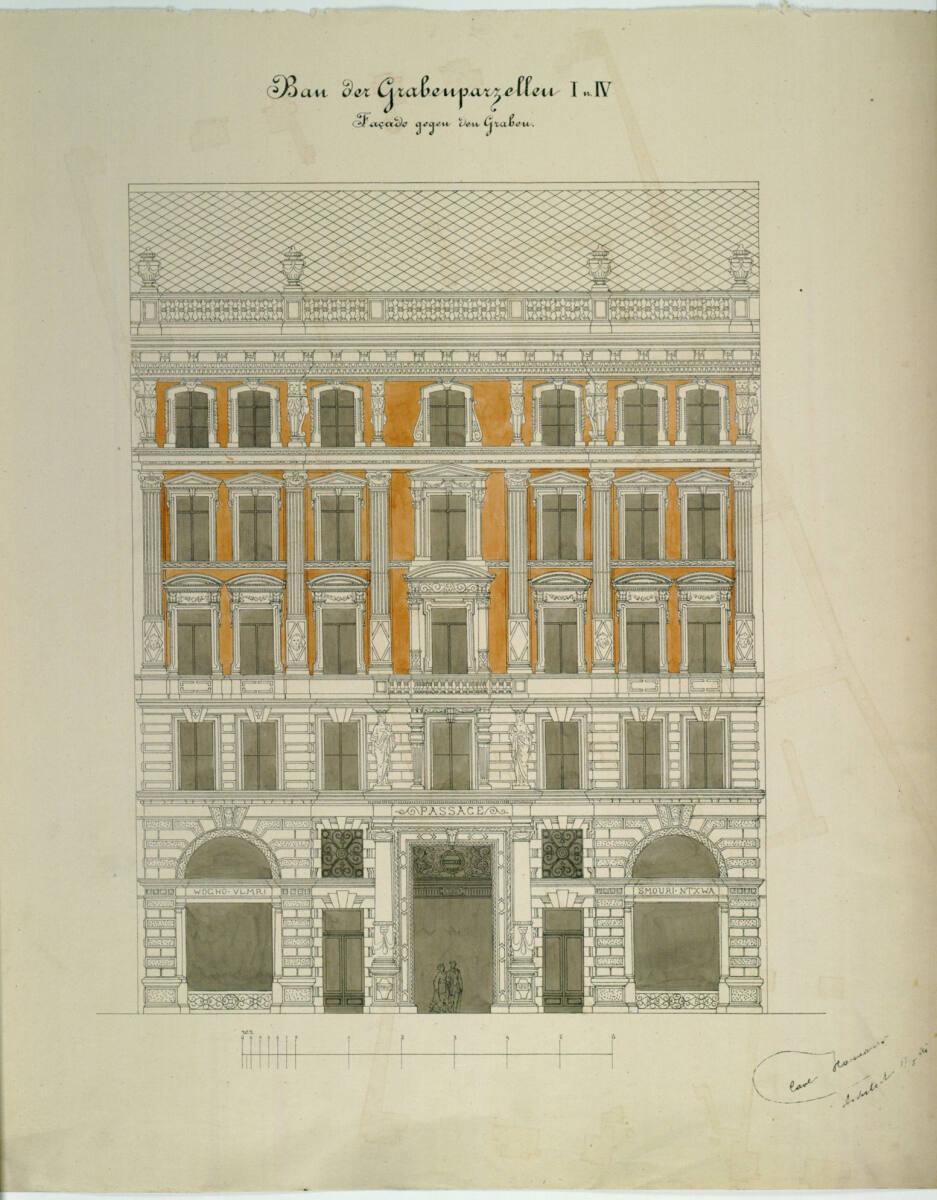 Carl von Hasenauer, Wien I, Graben 31, Azienda-Hof, Fassade zum Graben, Aufriß, Inv. Nr.: CHA84…