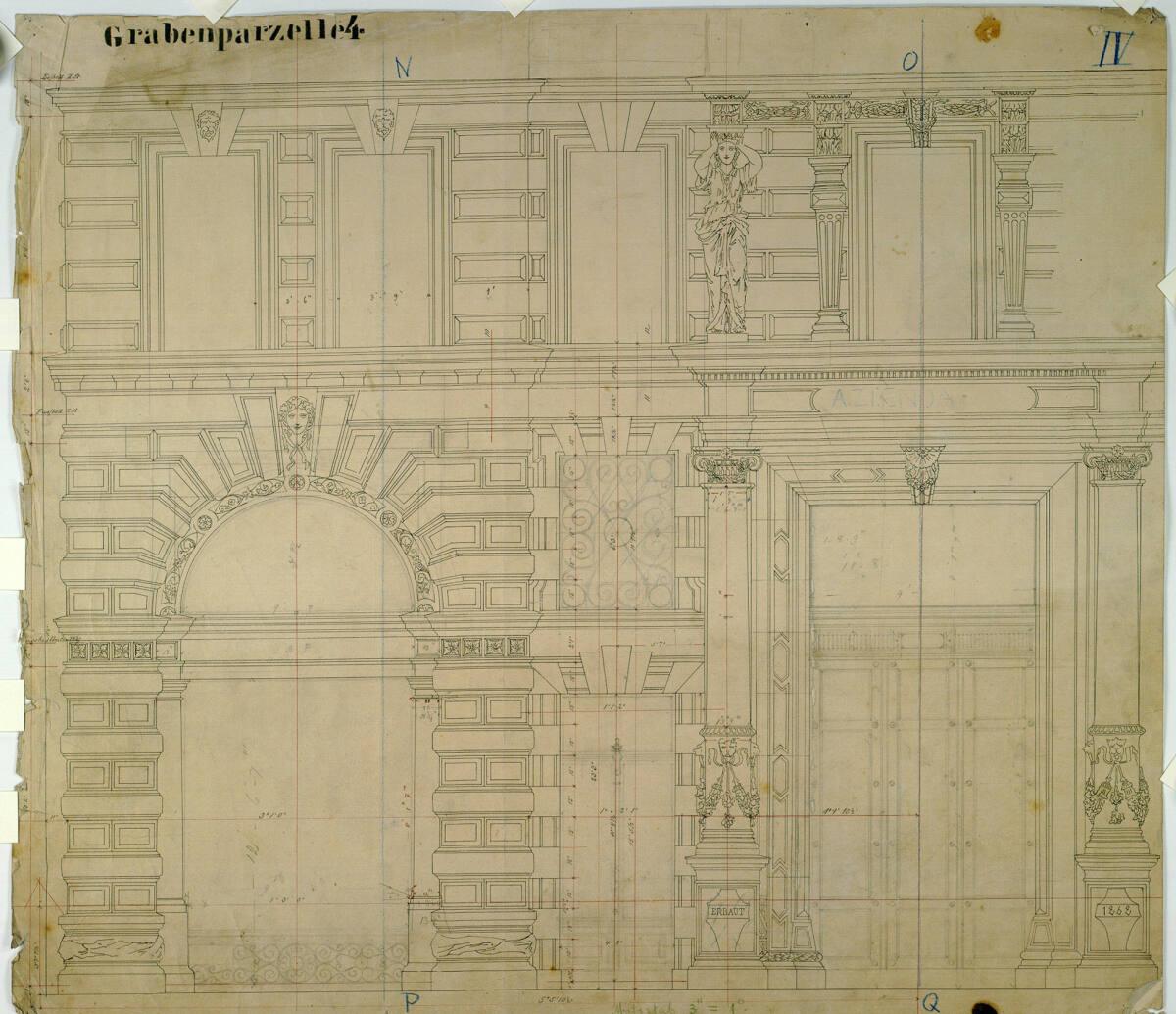 Carl von Hasenauer, Wien I, Graben 31, Azienda-Hof, Sockelzone der Fassade zum Graben, Aufriß, …