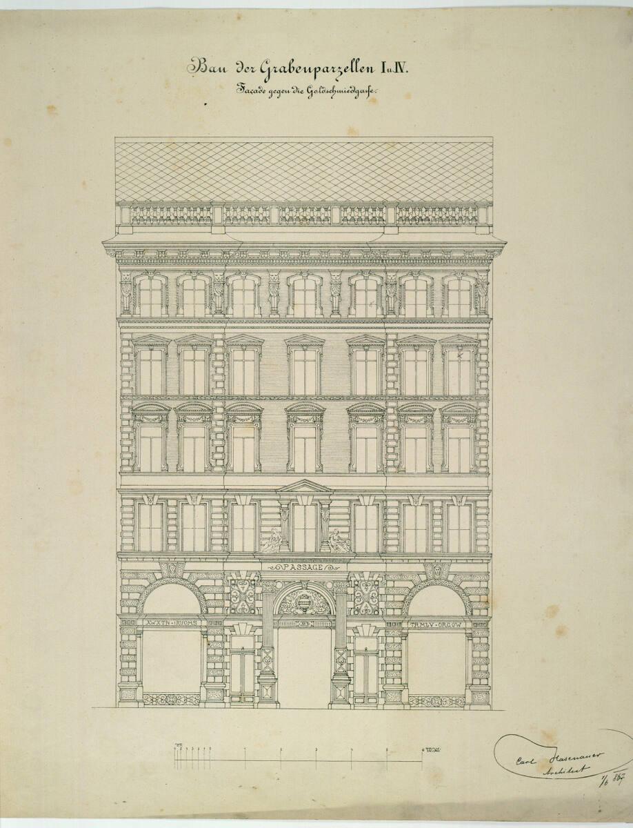 Carl von Hasenauer, Wien I, Graben 31, Azienda-Hof, Fassade zur Goldschmiedgasse, Aufriß, Inv. …
