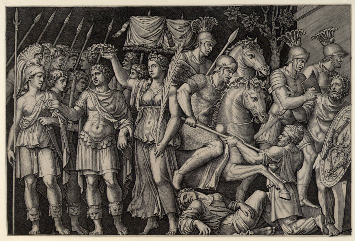Trajan wird von Victoria bekrönt, Marcantonio Raimondi