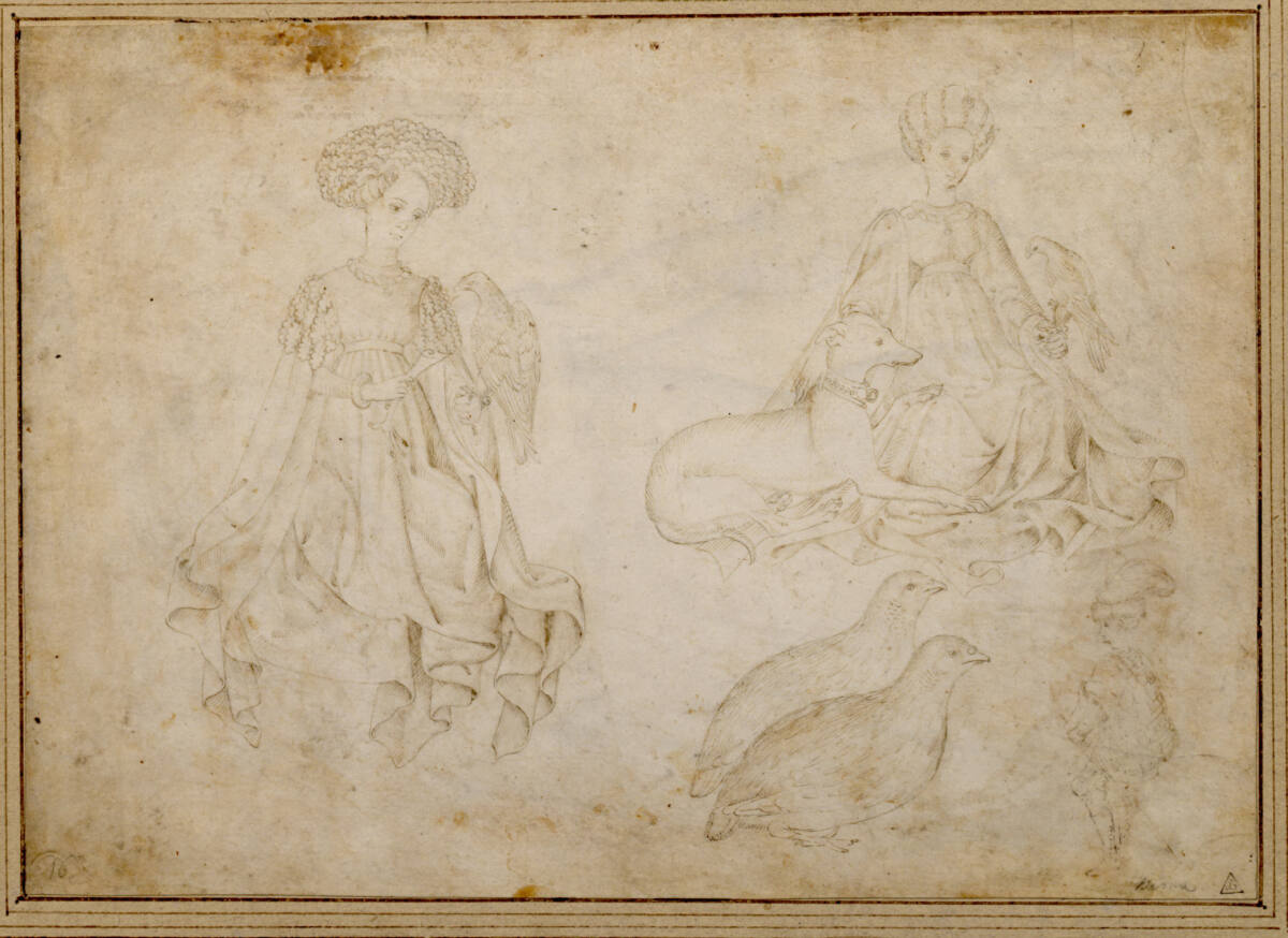 Studienblatt (Dame mit Falken; Dame mit Falken und Windspiel; zwei Rebhühner; Ritter), Pisanello