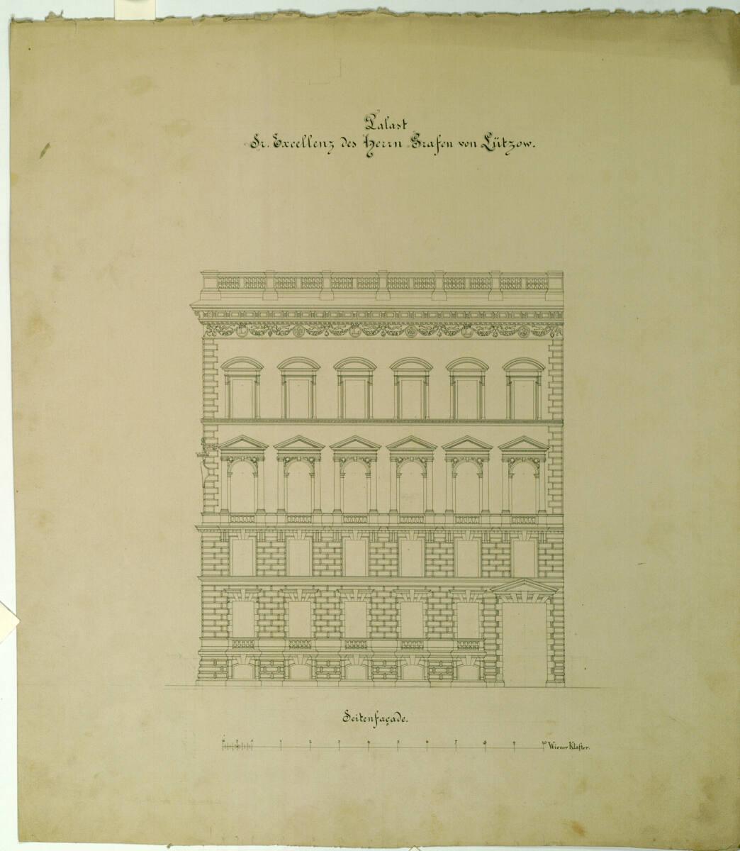 Carl von Hasenauer, Wien I, Bösendorferstraße 13, Palais Lützow, Fassade gegen die Dumbastraße,…