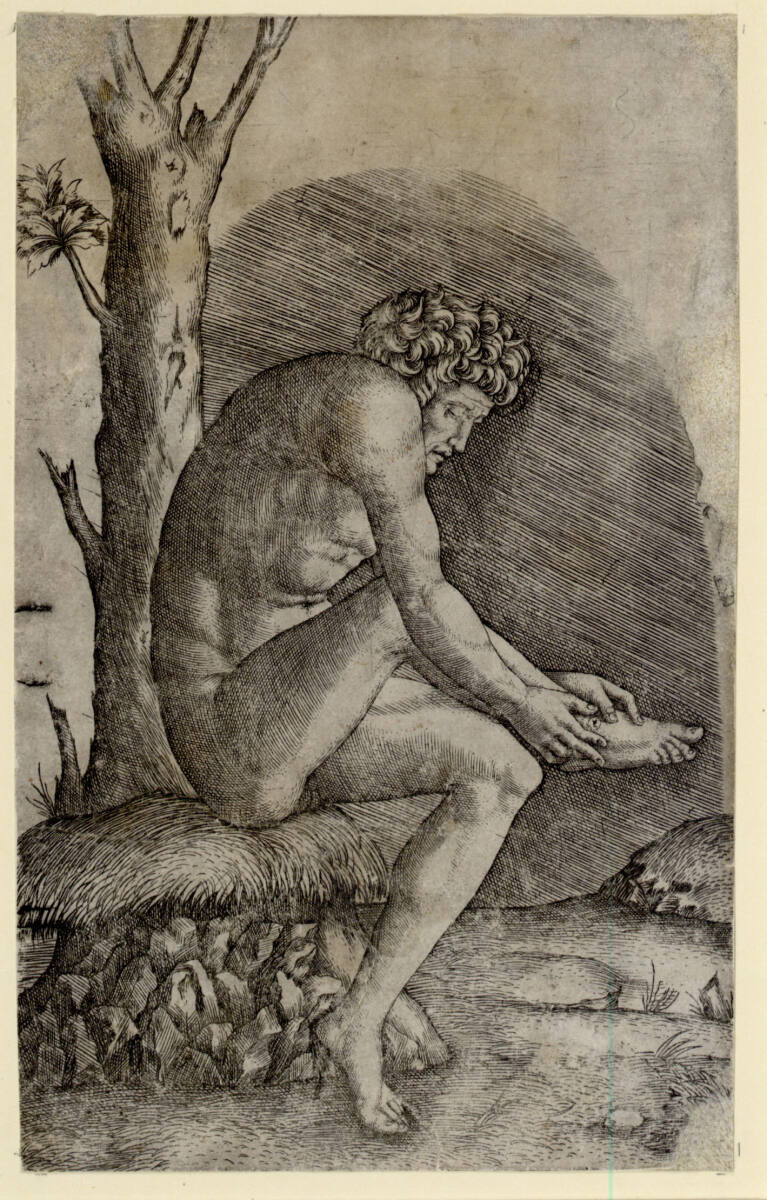 Mann eine Fußwunde betrachtend, Marcantonio Raimondi
