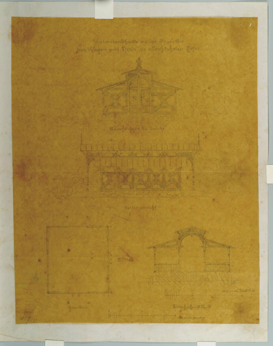 Carl von Hasenauer, Wien II, Prater, Krieau, Unterstand für Wagen und Pferde des Hofes, Aufriss…