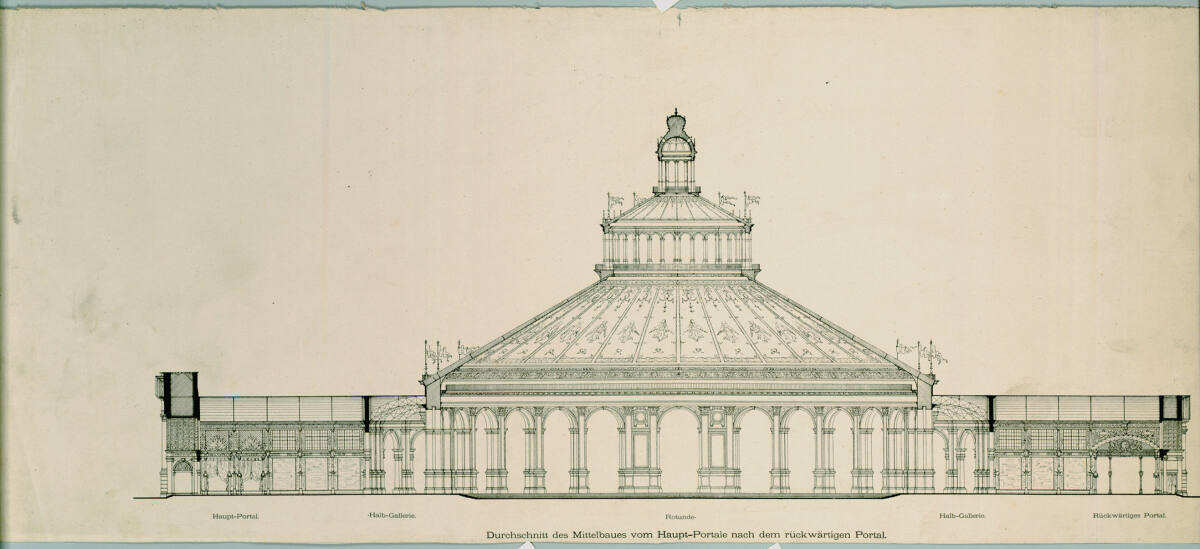 Wien II, Weltausstellung 1873, Schnitt des Mittelbaus, Carl von Hasenauer, 1871–1873