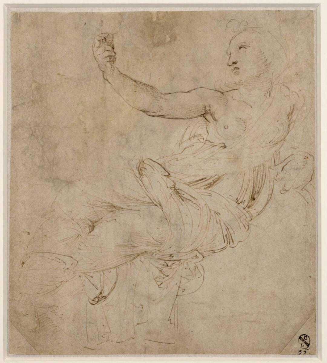 Sitzende Muse (Studie für den "Parnass", Stanza della Segnatura, Vatikan), Raphael, 1510–1511