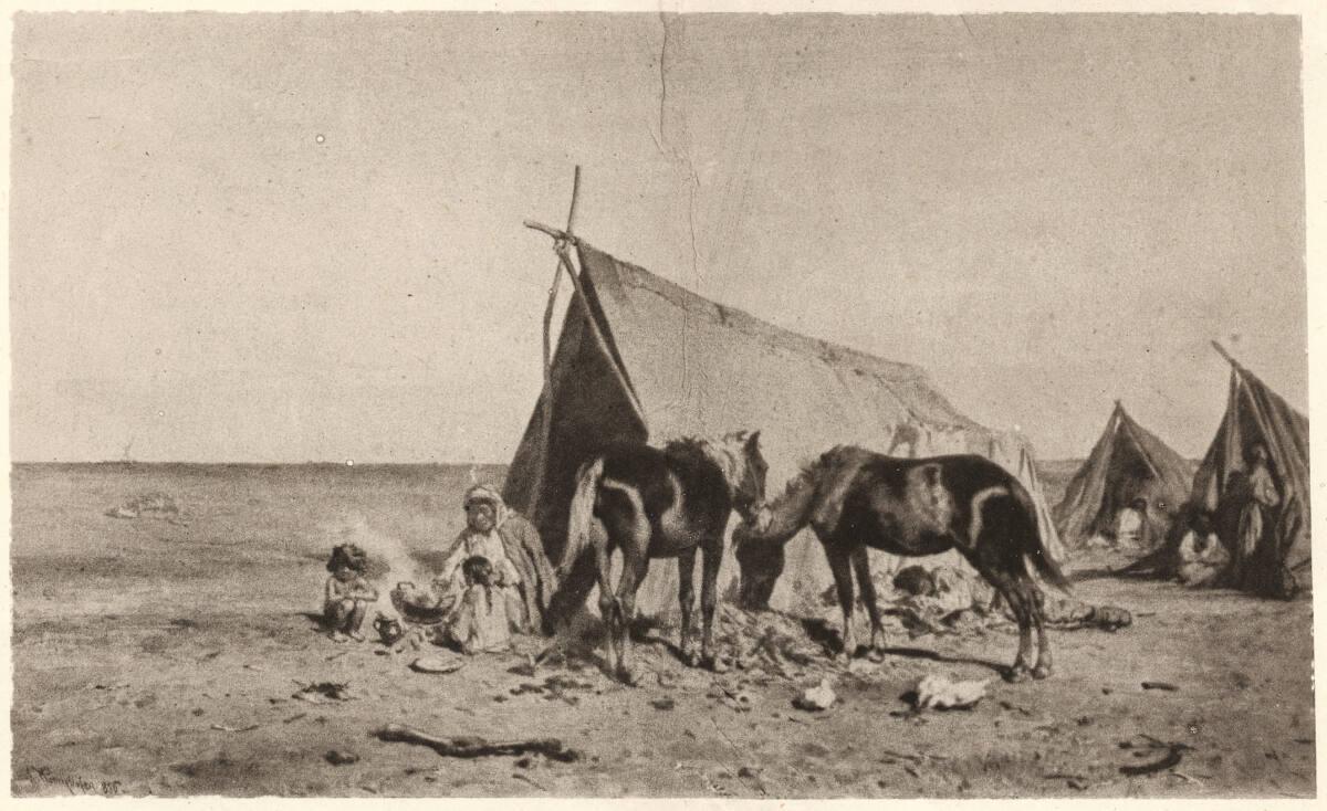 Julius Leth, Roma mit Zelt und Pferden in der Puszta: Reproduktion eines Gemäldes von August vo…