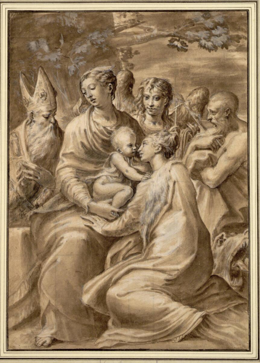 Anonym, Sacra Conversazione. Die Madonna mit dem Kind, das von der heiligen Margarete von Corto…