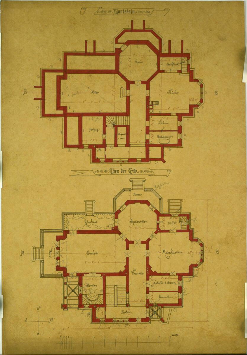 Carl von Hasenauer, Entwurf zur Villa Amrongen (?), Souterrain und Erdgeschoß, Grundrisse, Inv.…
