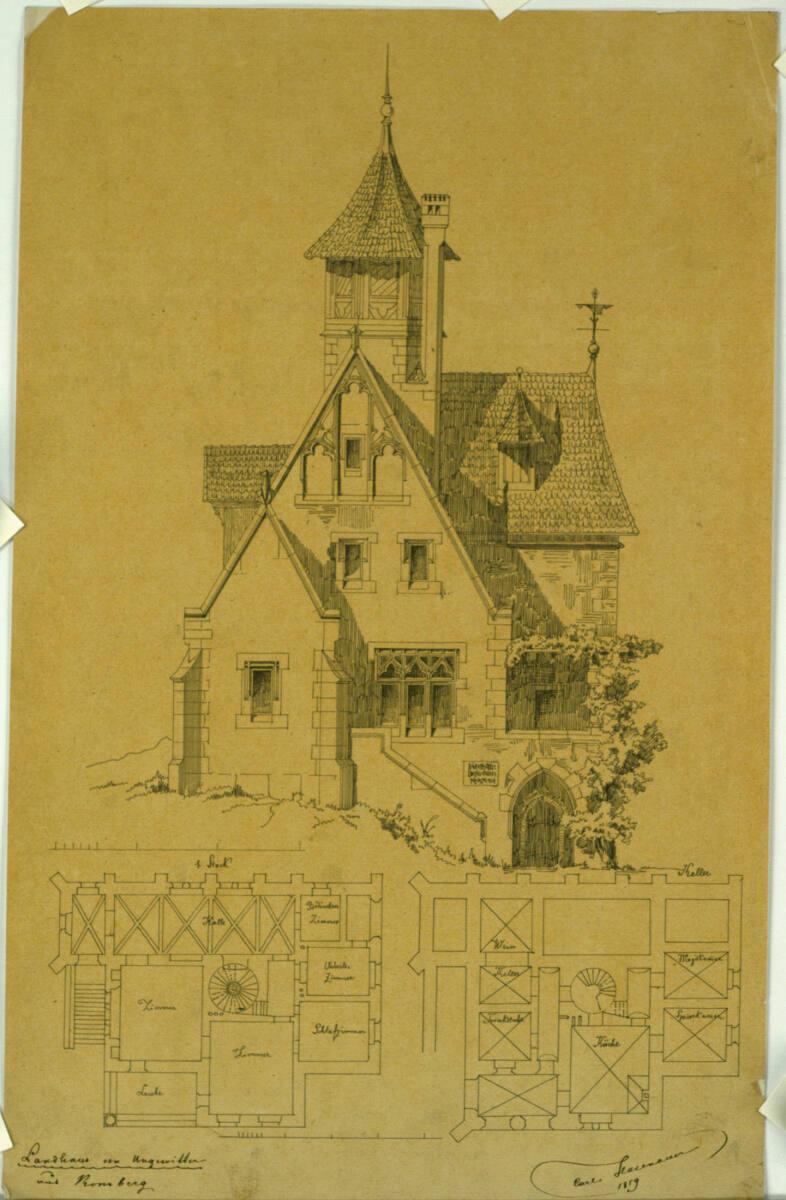 Carl von Hasenauer, Villenentwurf, Grundrisse und Aufriß, Inv. Nr.: CHA1573