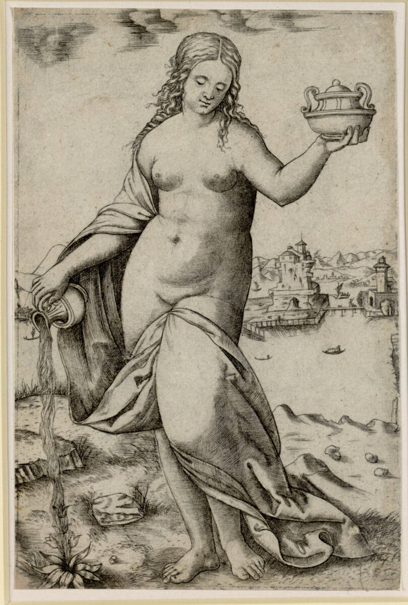 Frau, eine Pflanze gießend, Giovanni Antonio da Brescia
