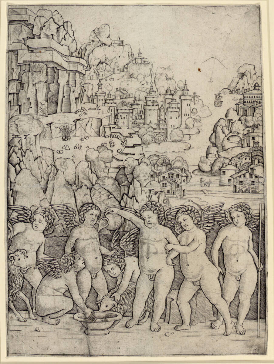 Sieben Cupidi mit zwei Widdern in einer Landschaft, Andrea Zoan