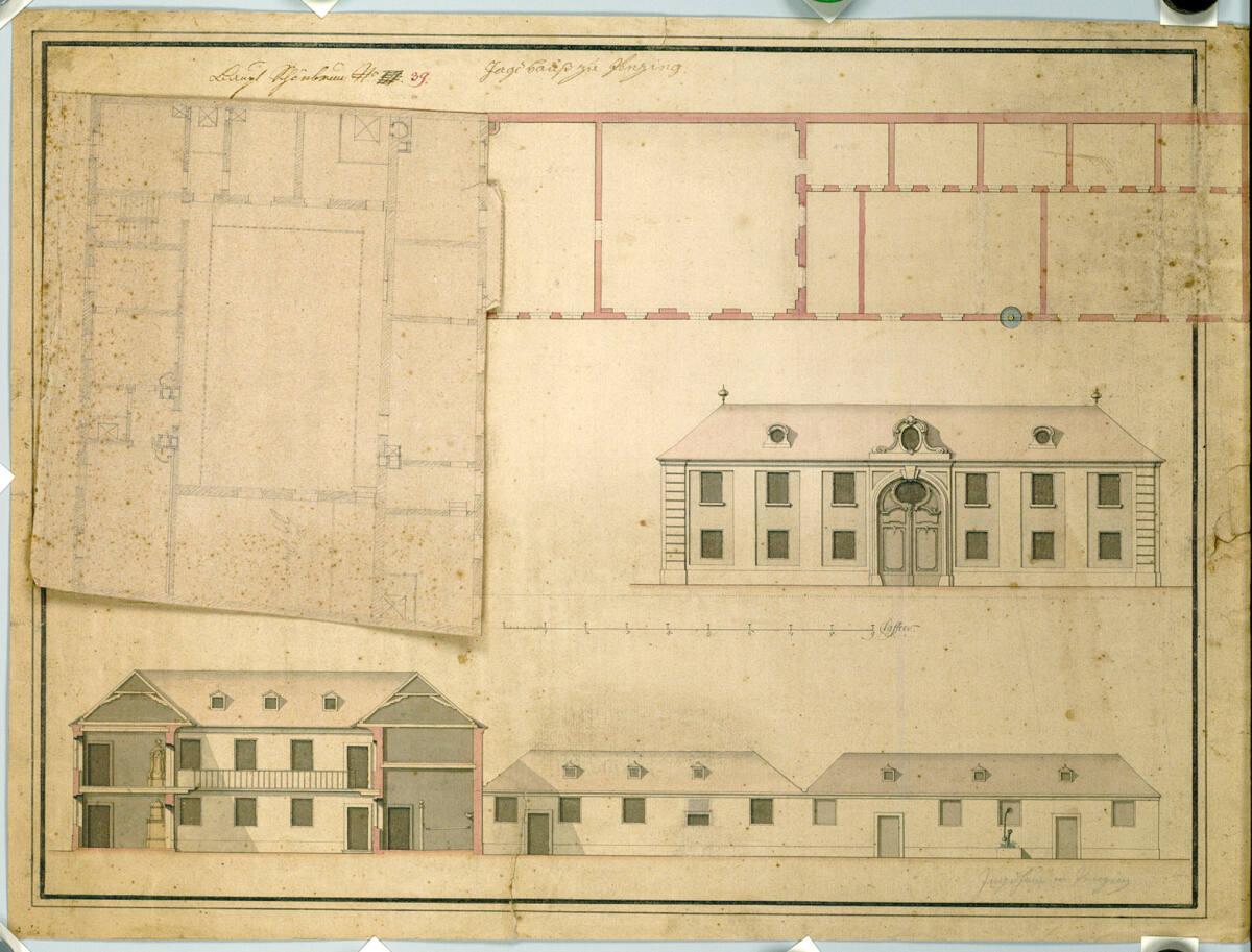 Wien, Schloß Schönbrunn, Jagdhaus zu Penzing, Grund- und Aufriß, Schnitt, Inv. Nr.: AZ9603