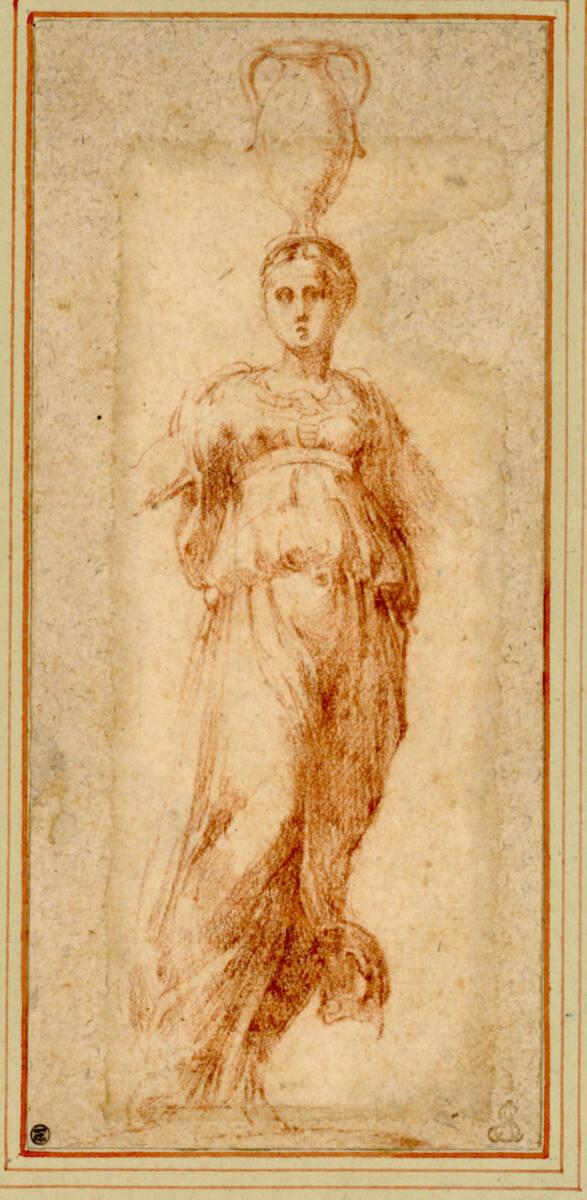 Francesco Mazzola, gen. il Parmigianino, Kluge Jungfrau in Vorderansicht, eine Amphore auf dem …