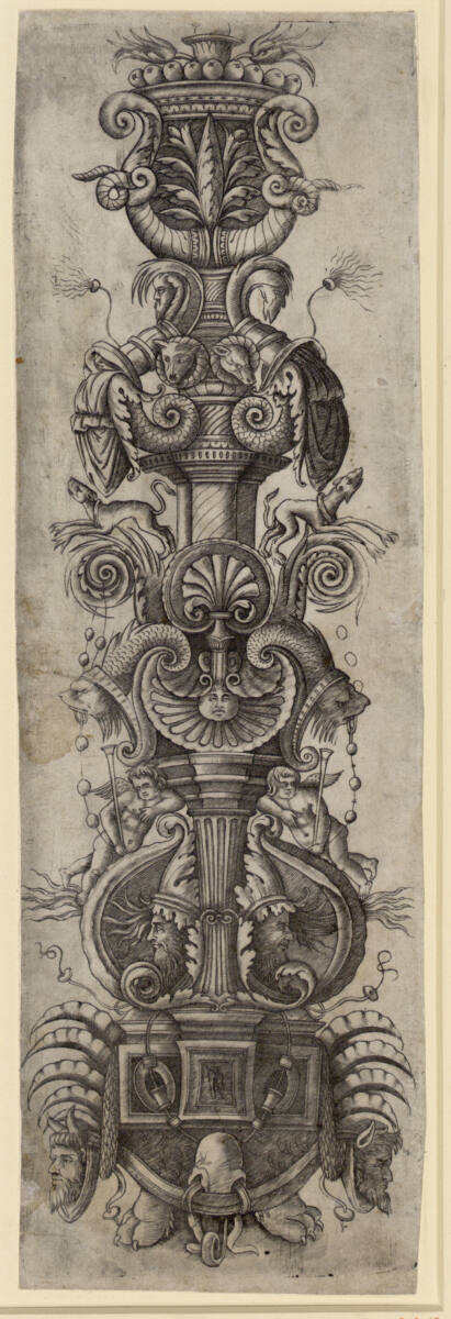 Ornament in der Form eines Kandelabers, mit Köpfen, Cupidi und Hunden, Andrea Zoan
