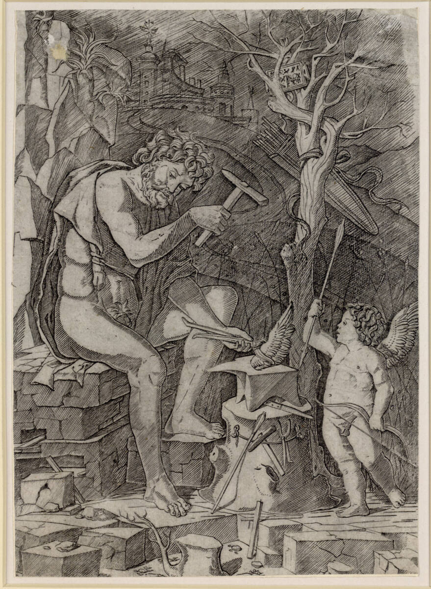 Vulkan schmiedet den Flügel Cupidos, Nicoletto da Modena
