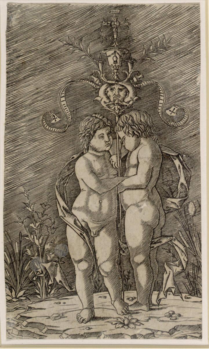 Nicoletto da Modena, Zwei Kinder halten einen Stab mit Trophäe und Kreuz, Inv. Nr.: DG1952/372