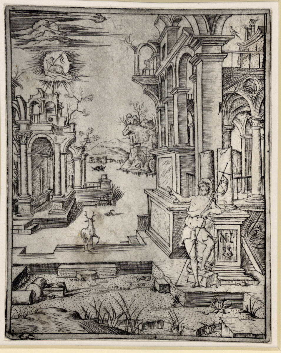 Johannes der Täufer vor einer Ruinenarchitektur, Nicoletto da Modena