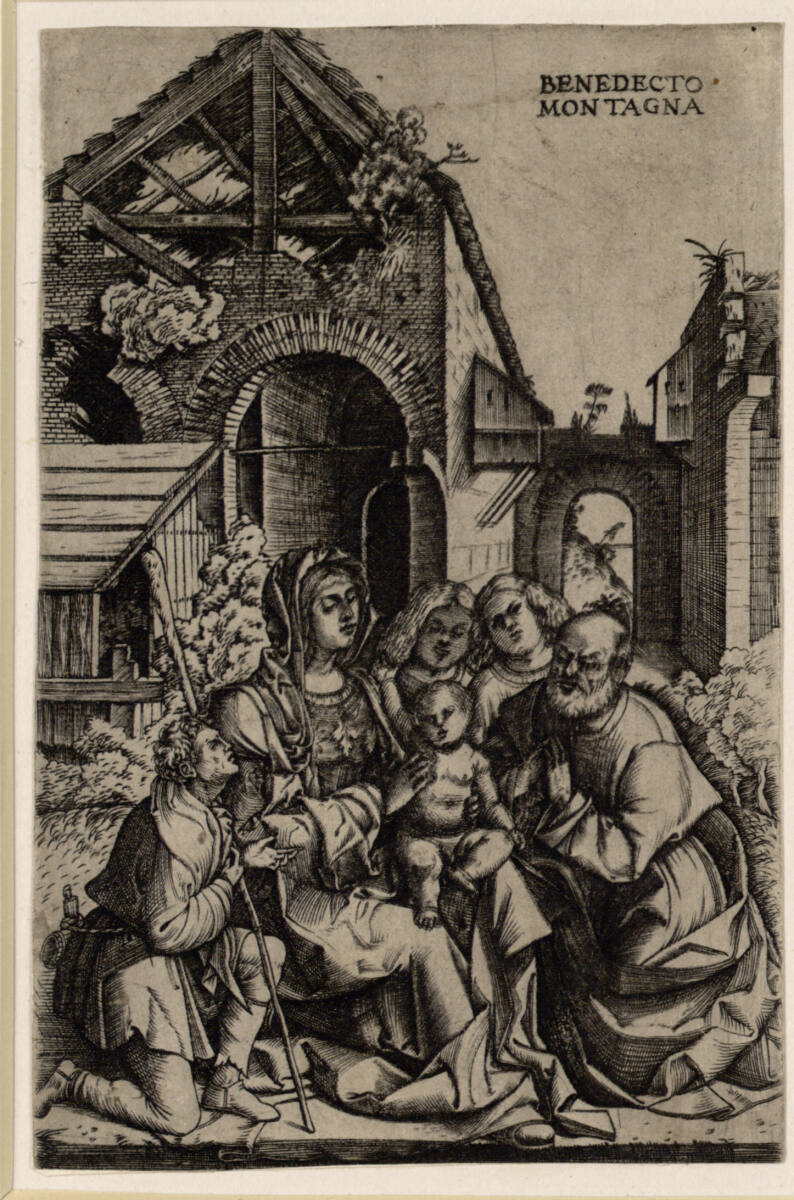 Die heilige Familie mit einem Hirten und zwei Engeln, Benedetto Montagna