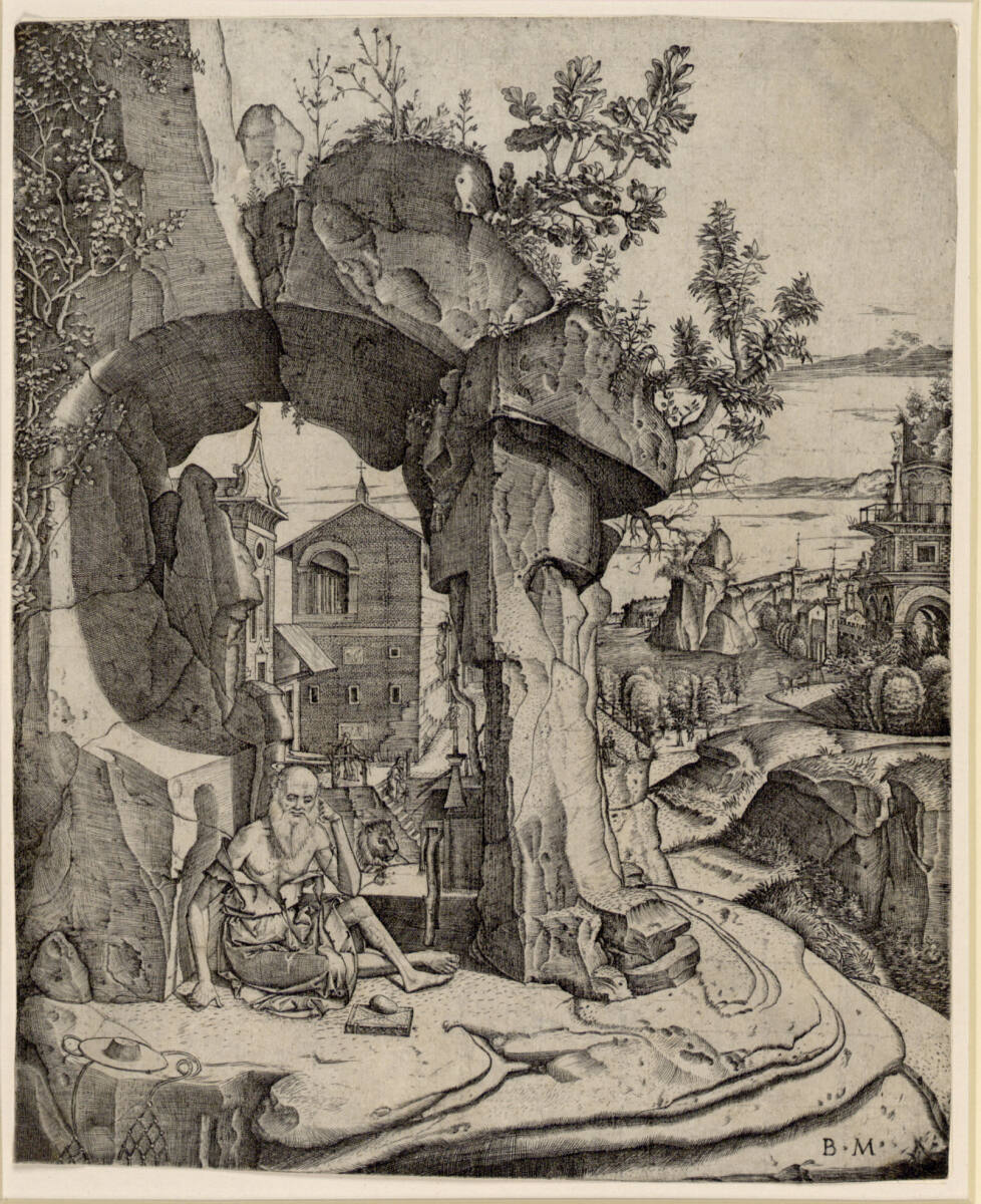 Heiliger Hieronymus, unter einem Felsbogen sitzend, Benedetto Montagna