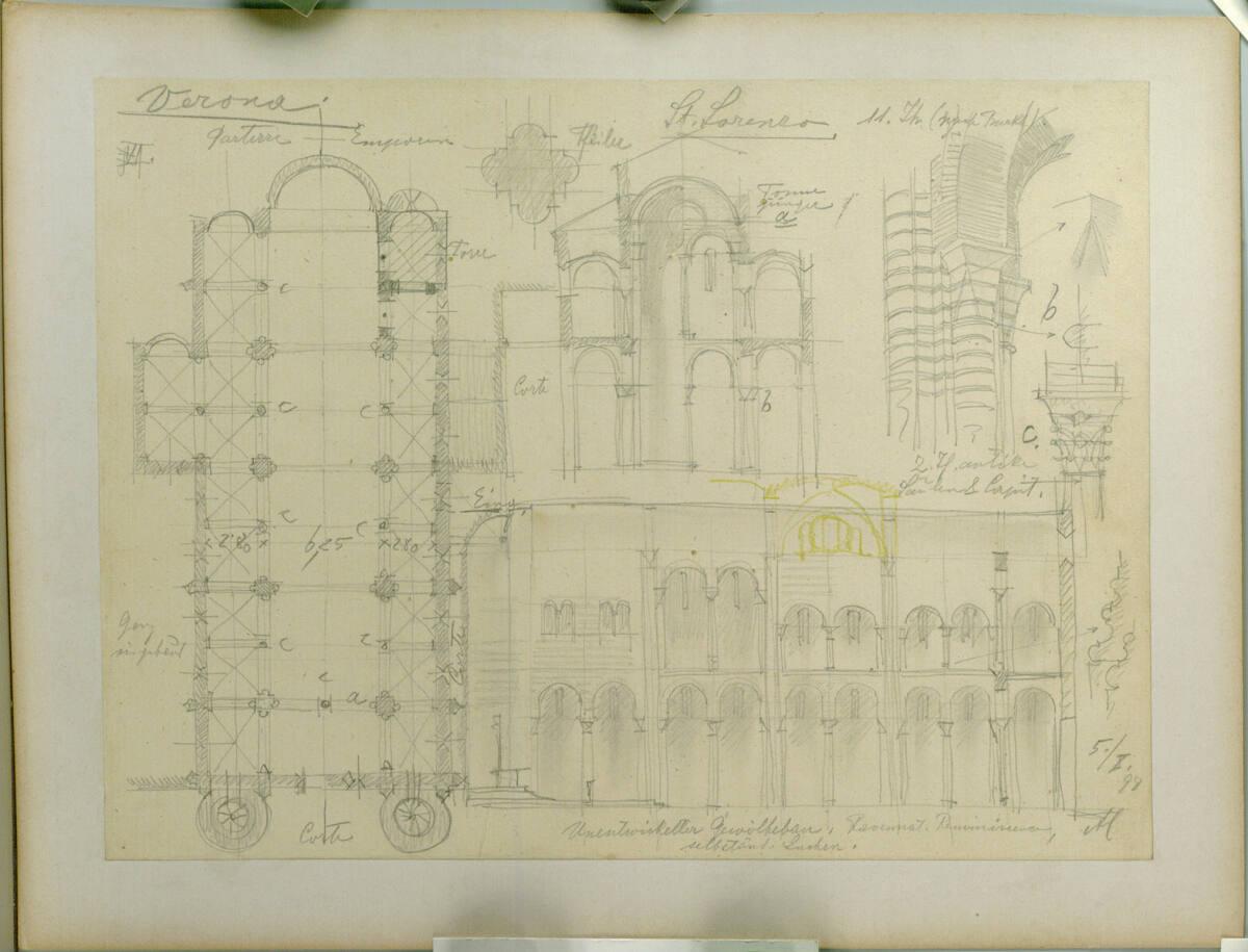 Bauaufnahme, Verona, S. Lorenzo, Grundriss, Schnitt, Details, Inv. Nr.: AZ10709