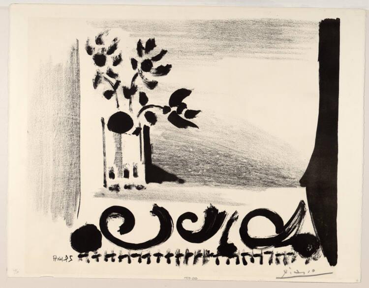 Pablo Picasso, Blumenvase mit Teppich mit Rankenmuster, Inv. Nr.: DG1959/212