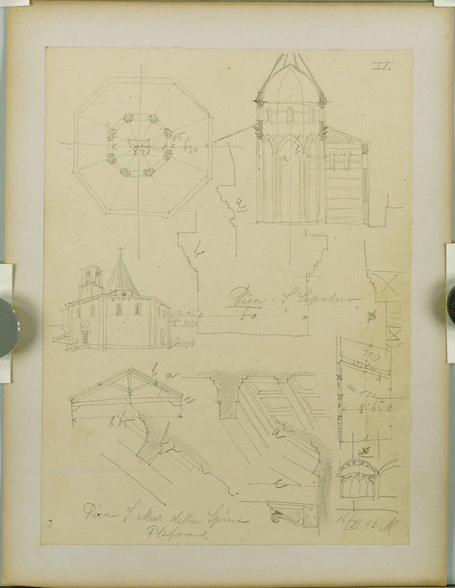 Bauaufnahme, Pisa, S. Sepolcro, Grundriss, Schnitt, Perspektive, Details und S. Maria della Spi…