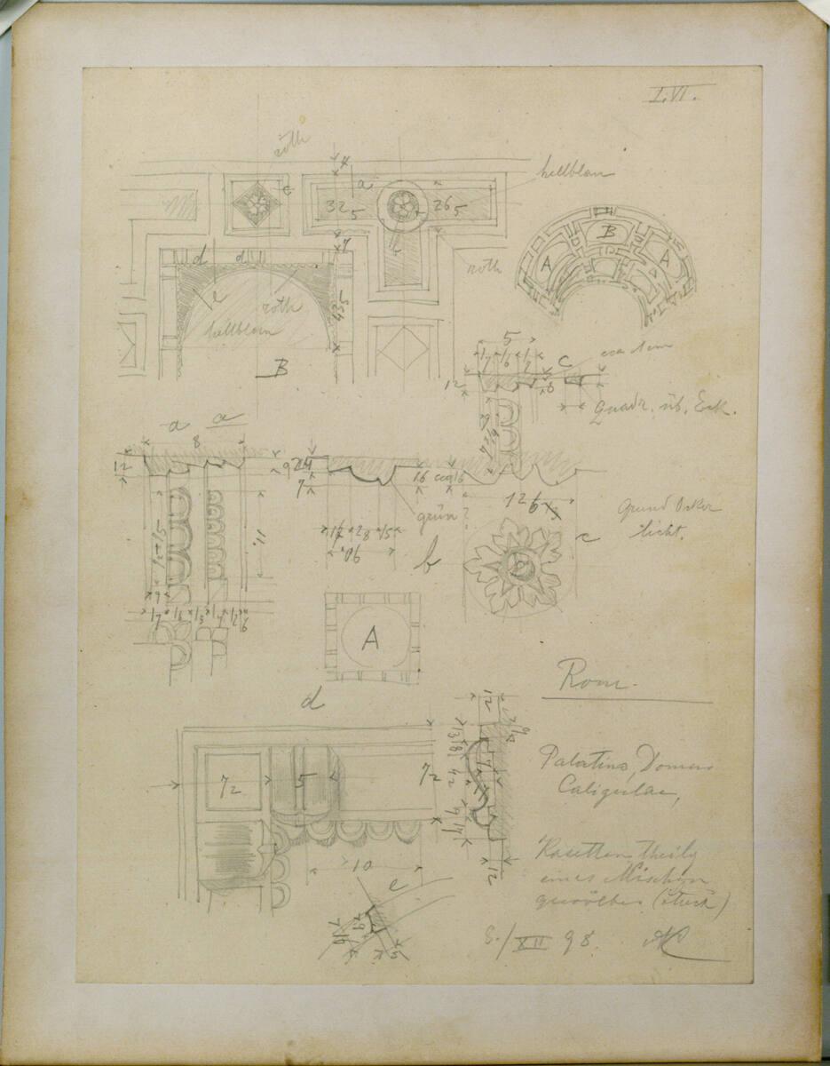 Rom, Palatin, Domus Caligulae, Nischengewölbe, Stuck-Kassettierung, Aufriß, Schnitt, Perspektiv…