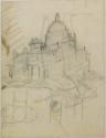 Alfred Castelliz, Entwurf eines Kuppelbaus, Grundrissskizze, Perspektive, Inv. Nr.: AZ10783