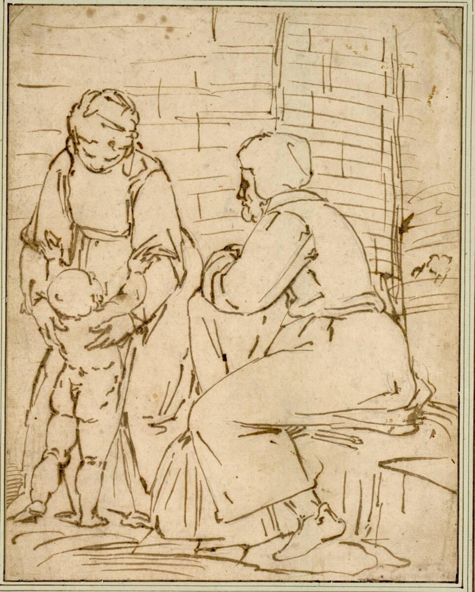 Anonym, Die heilige Familie vor einer durch Ziegeln angedeuteten Wand, Inv. Nr.: 2725