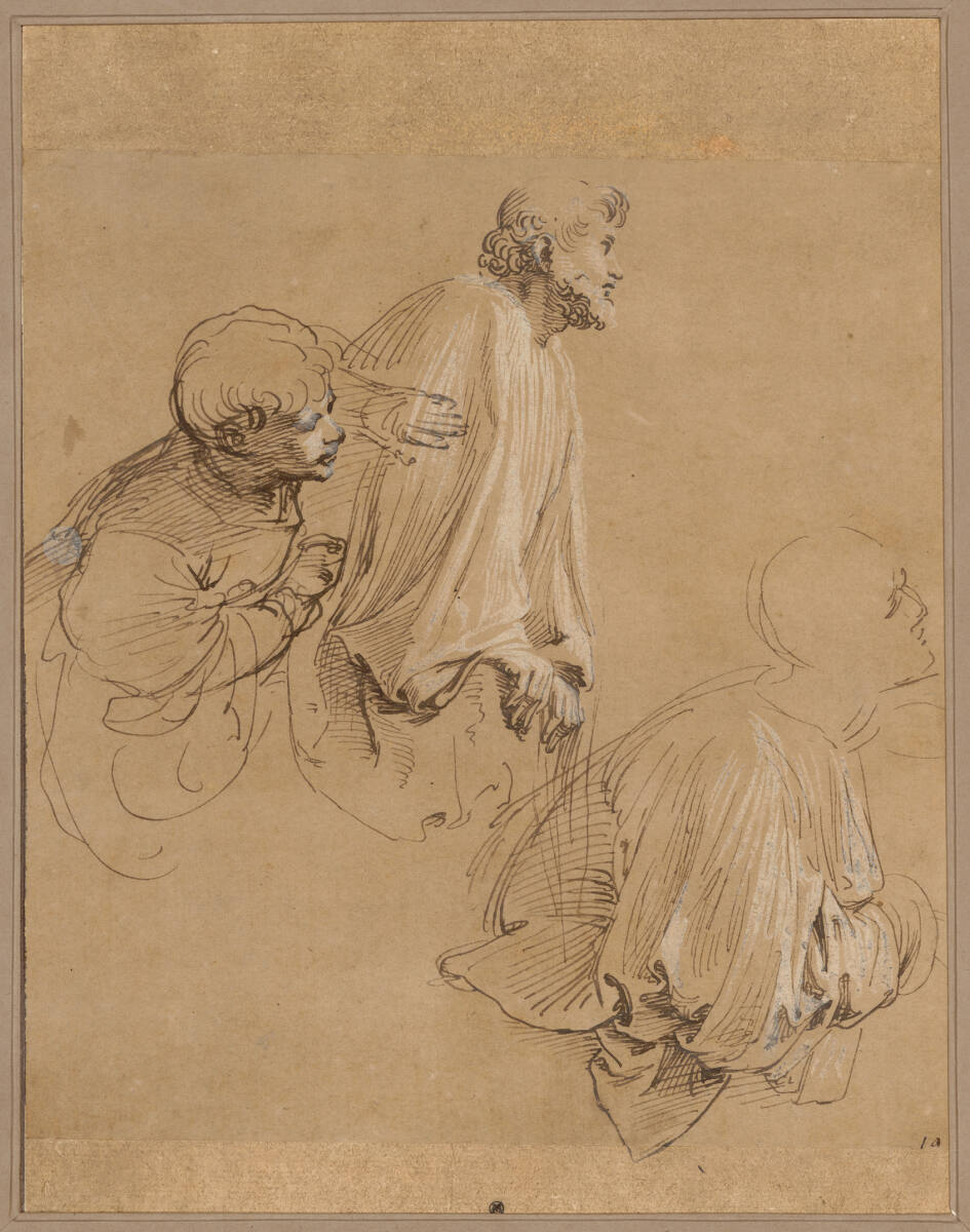 Drei männliche Figuren im Chorhemd (Studie für die "Krönung Karls des Großen", Stanza dell' Incendio, Vatikan), Raphael