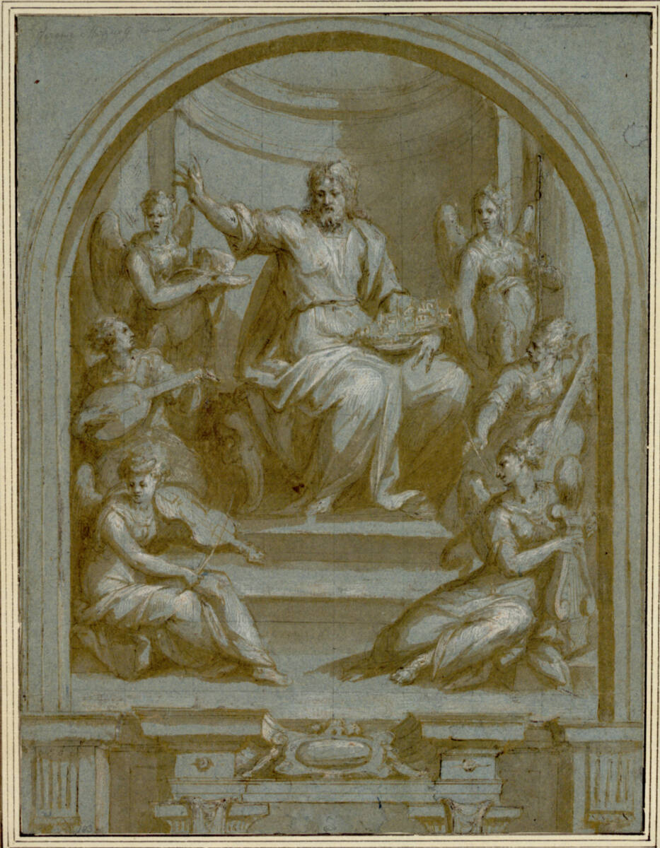 Der hl. Jakobus major mit Stadtmodell und Engeln in einer Nische, Giovanni Balducci