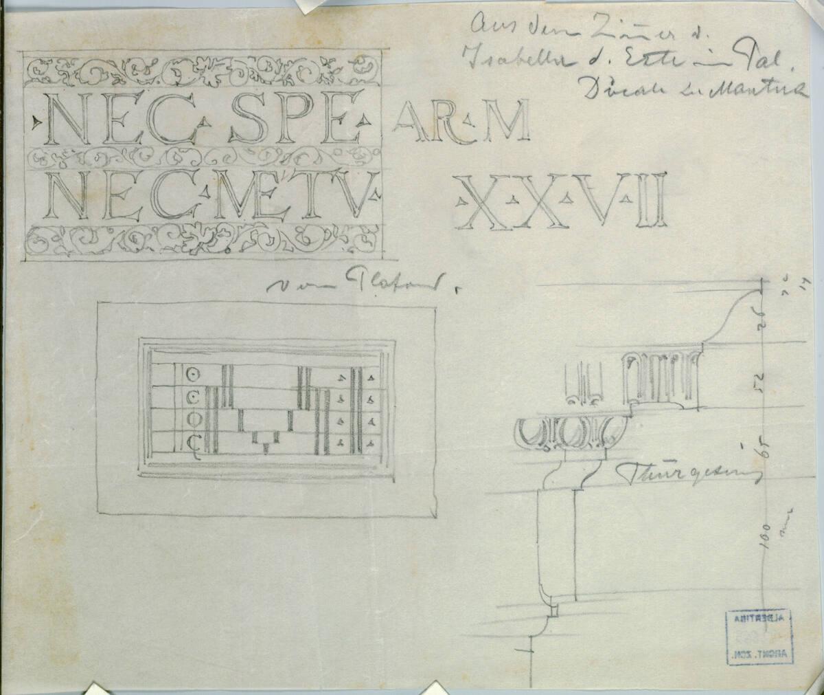 Mantua, Palazzo Ducale, Zimmer der Isabella d´Este, Architekturdetails, Aufriß, Schnitt, Inv. N…