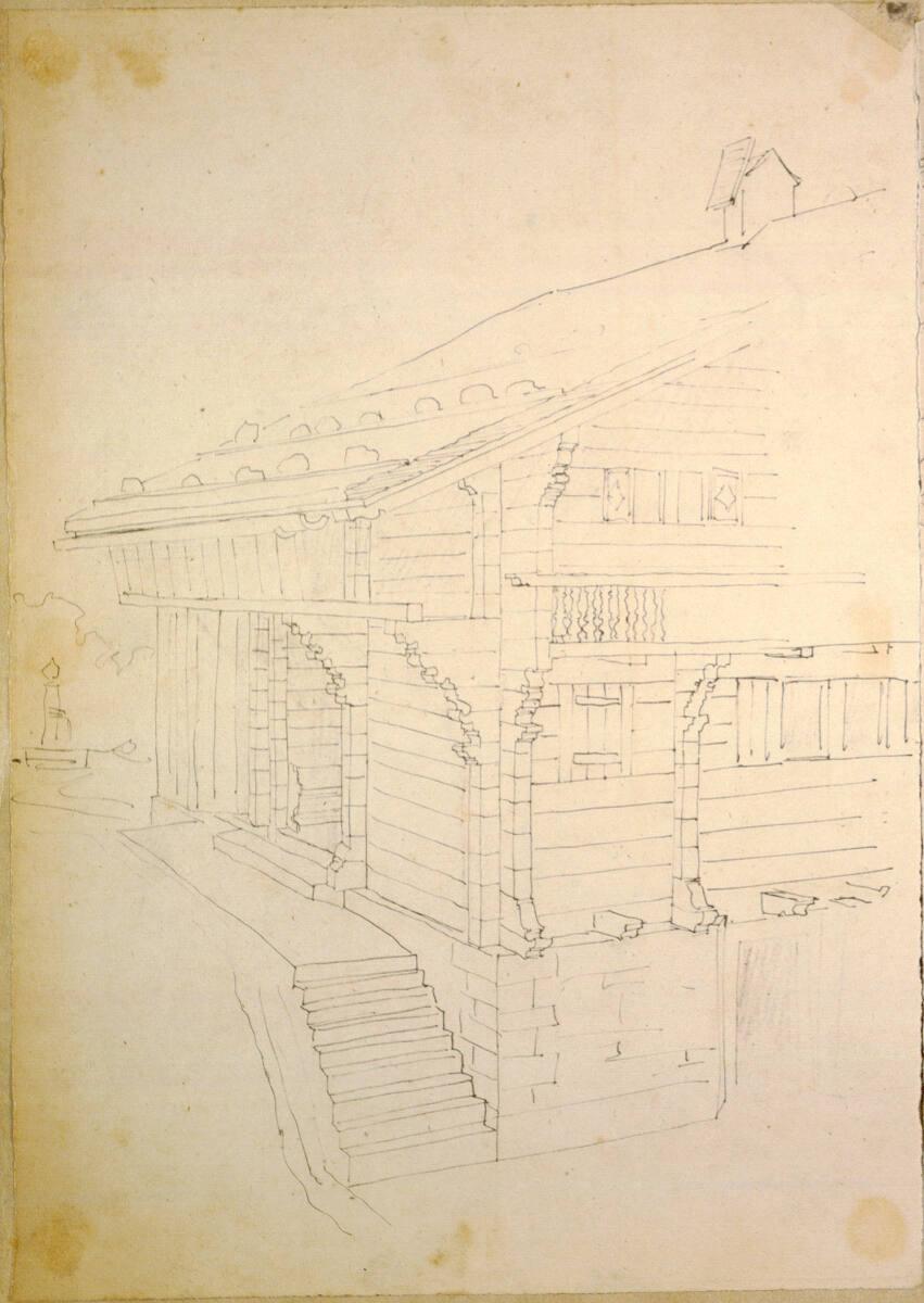 Alfred Castelliz, Bauaufnahme, hölzernes Bauernhaus mit Satteldach, Perspektive, Inv. Nr.: AZ10…