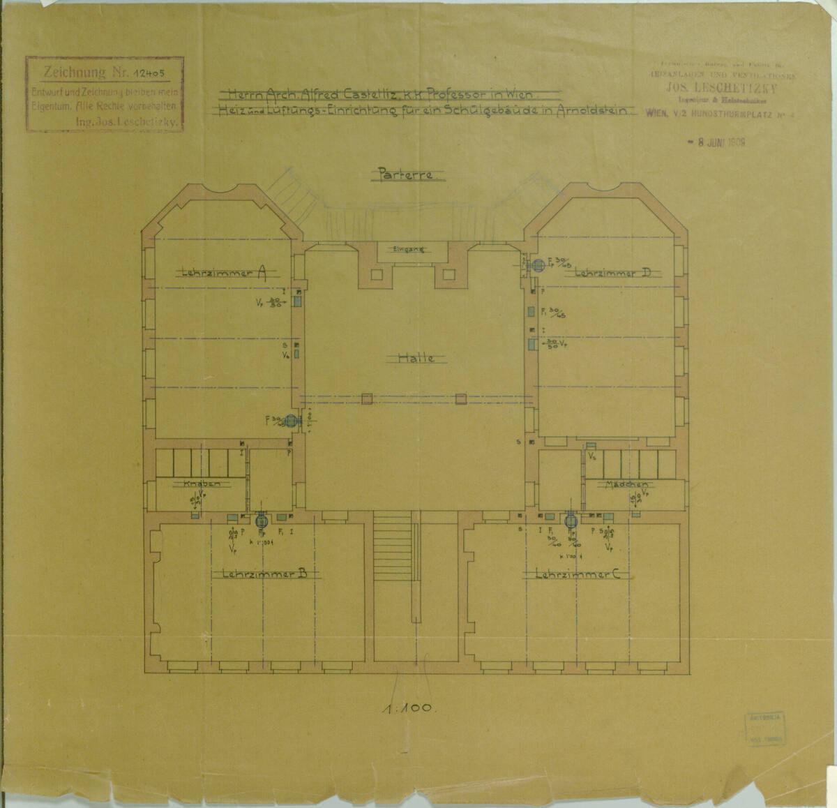 Alfred Castelliz, Arnoldstein, Volksschule, Grundriss Parterre, Plan für Heiz- und Lüftungseinr…