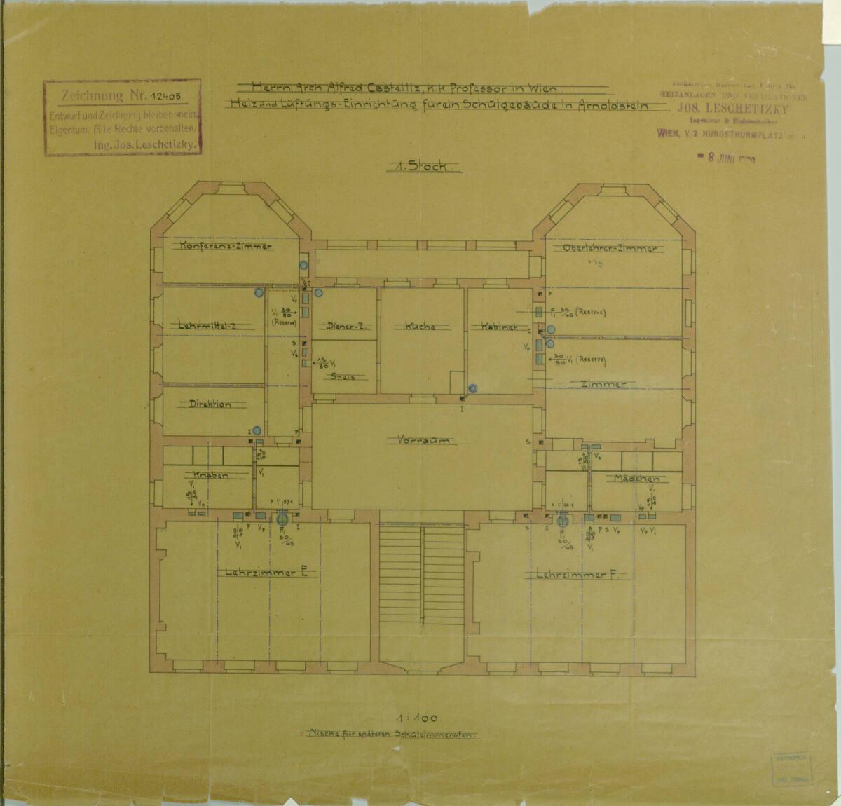 Alfred Castelliz, Arnoldstein, Volksschule, Grundriss 1.Stock, Plan für Heiz- und Lüftungseinri…