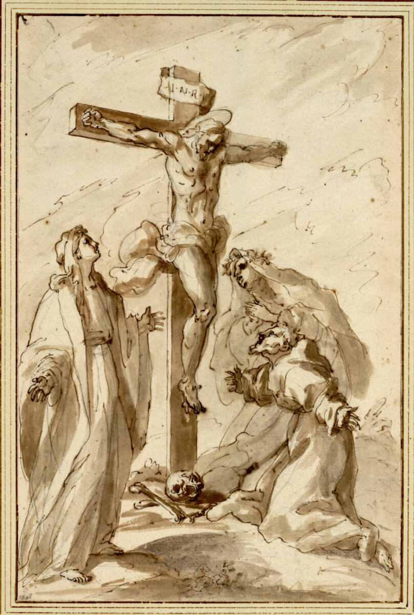 Anonym, Christus am Kreuz mit Maria, dem heiligen Franziskus und der heiligen Katharina von Siena