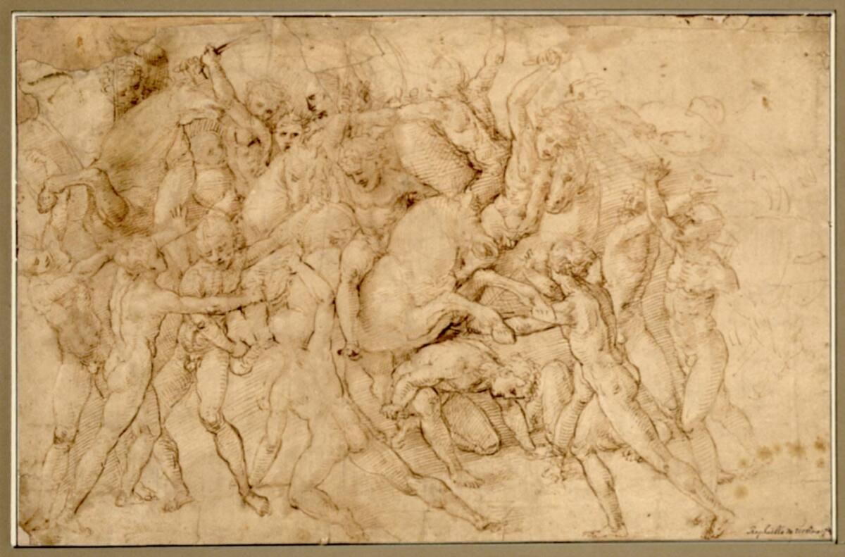 Kampf zwischen Reitern und Fußsoldaten; beide Gruppen nackt, Girolamo Genga, 1520–1525