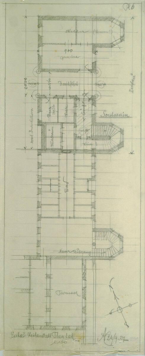 Alfred Castelliz, Bad Groß-Ullersdorf, Sanatorium Thesstal, Auf- und Anbau zum Badetrakt, Skizz…