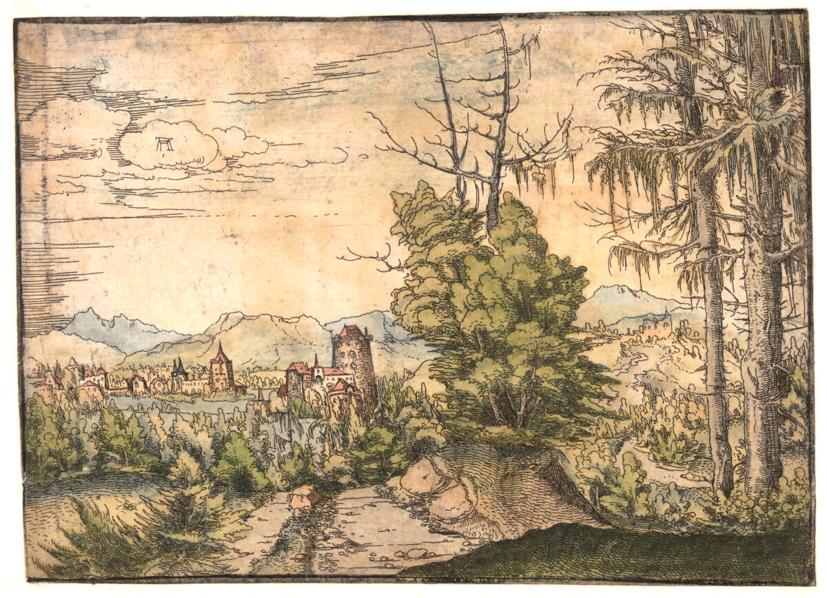 Landschaft mit zwei Fichten und einer Burg, Albrecht Altdorfer