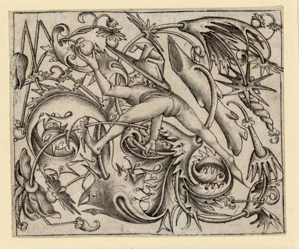 Ornamentfüllung mit Mann, Meister der Berliner Passion, 1450–1470
