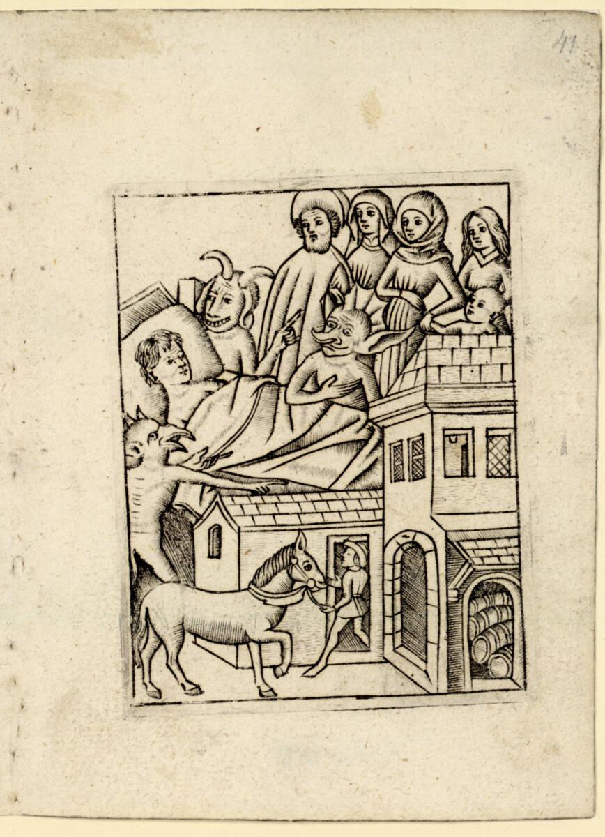 Meister mit den Blumenrahmen, Versuchung durch Geiz (Ars moriendi IX), Inv. Nr.: DG1926/880
