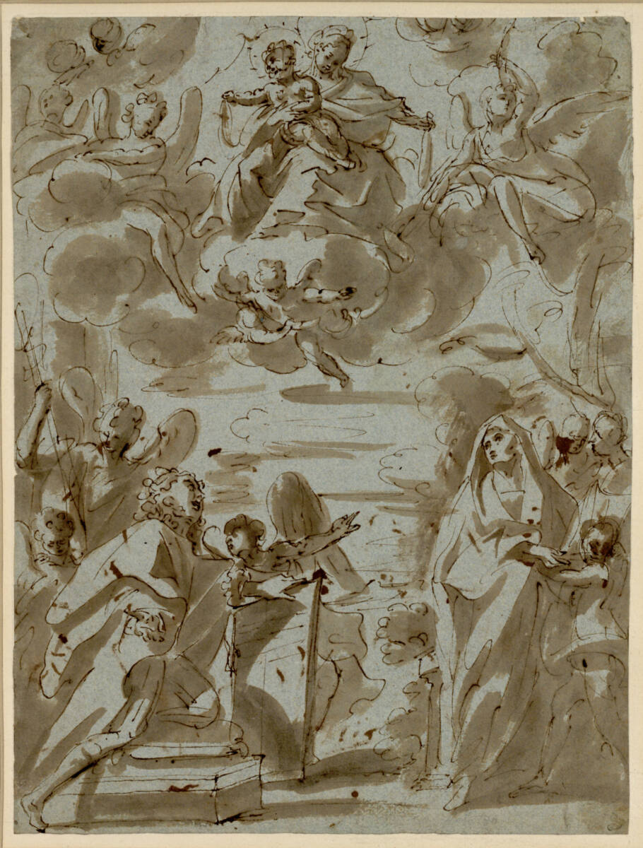 AndreaAnsaldo, Madonna del Rosario; unten links ein kniender Stifter, rechts eine Büßerin (?)
