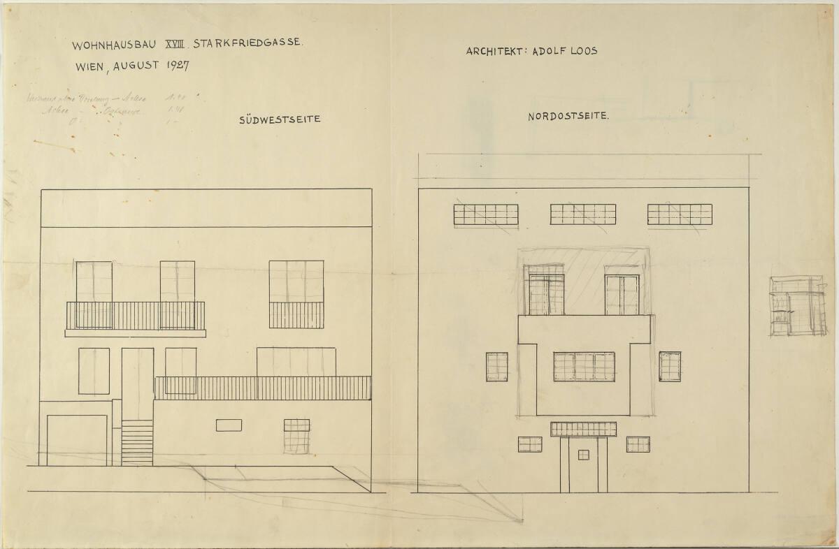 Haus Hans und Anny Moller, Wien XVIII., Starkfriedgasse 19, Fassadenaufrisse, SW- und NO-Seite,…