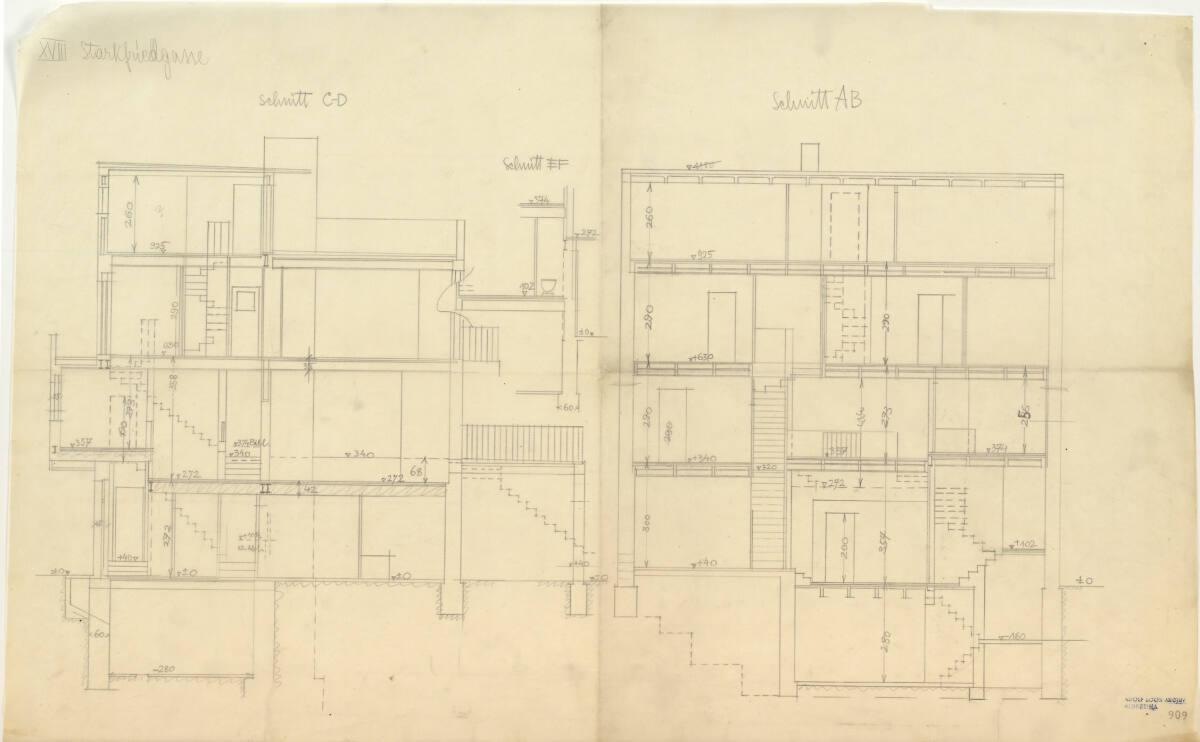 Haus Hans und Anny Moller, Wien XVIII., Starkfriedgasse 19, Schnitte C-D + A-B, Inv. Nr.: ALA90…