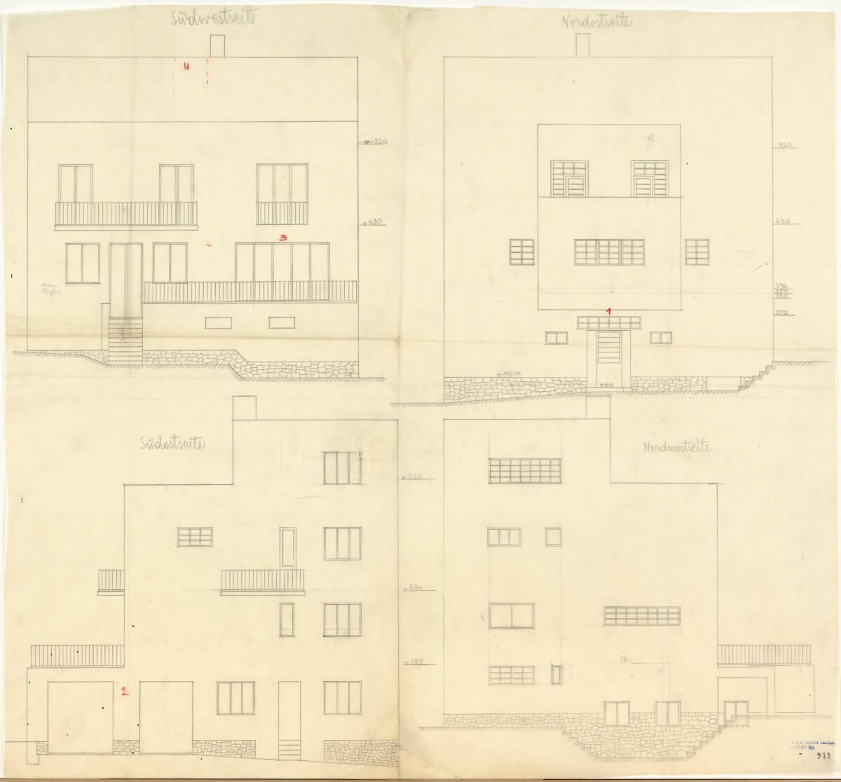 Haus Hans und Anny Moller, Wien XVIII., Starkfriedgasse 19, Fassadenaufrisse, Inv. Nr.: ALA911