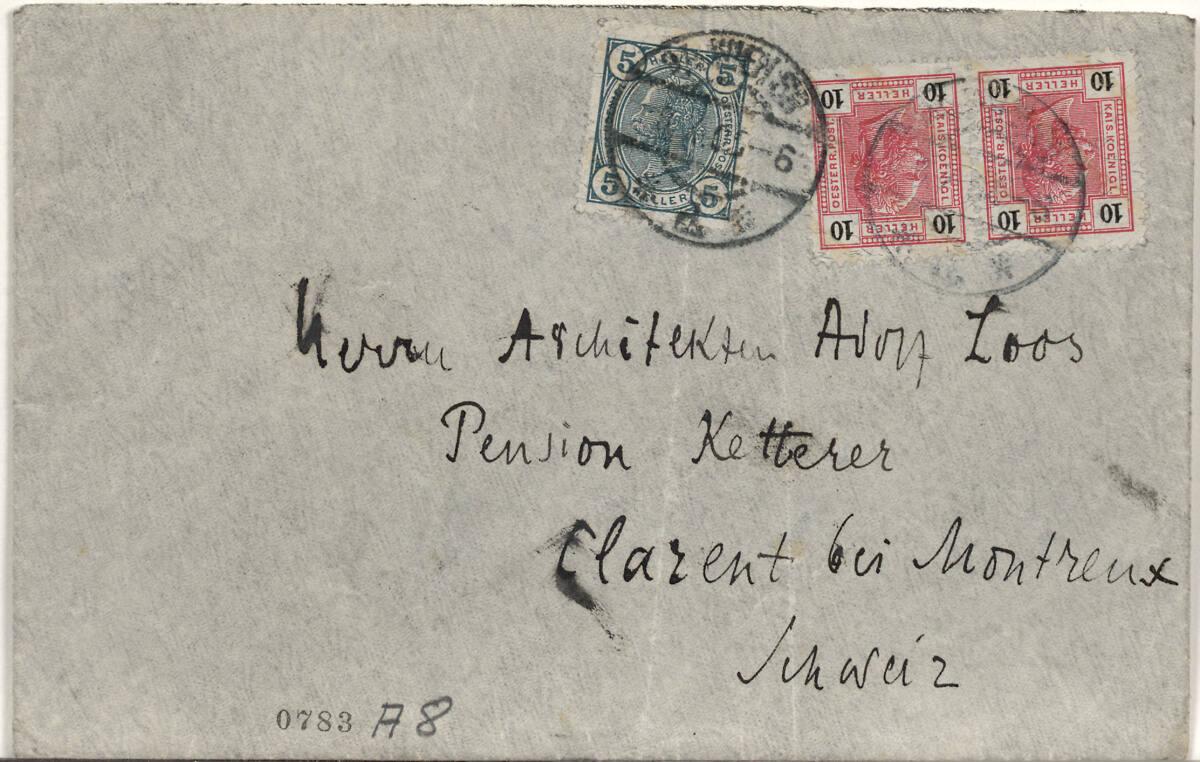 Kuvert adressiert an Adolf Loos, Pension Ketterer, Clarens bei Montreux, Schweiz, mit Skizze zu…