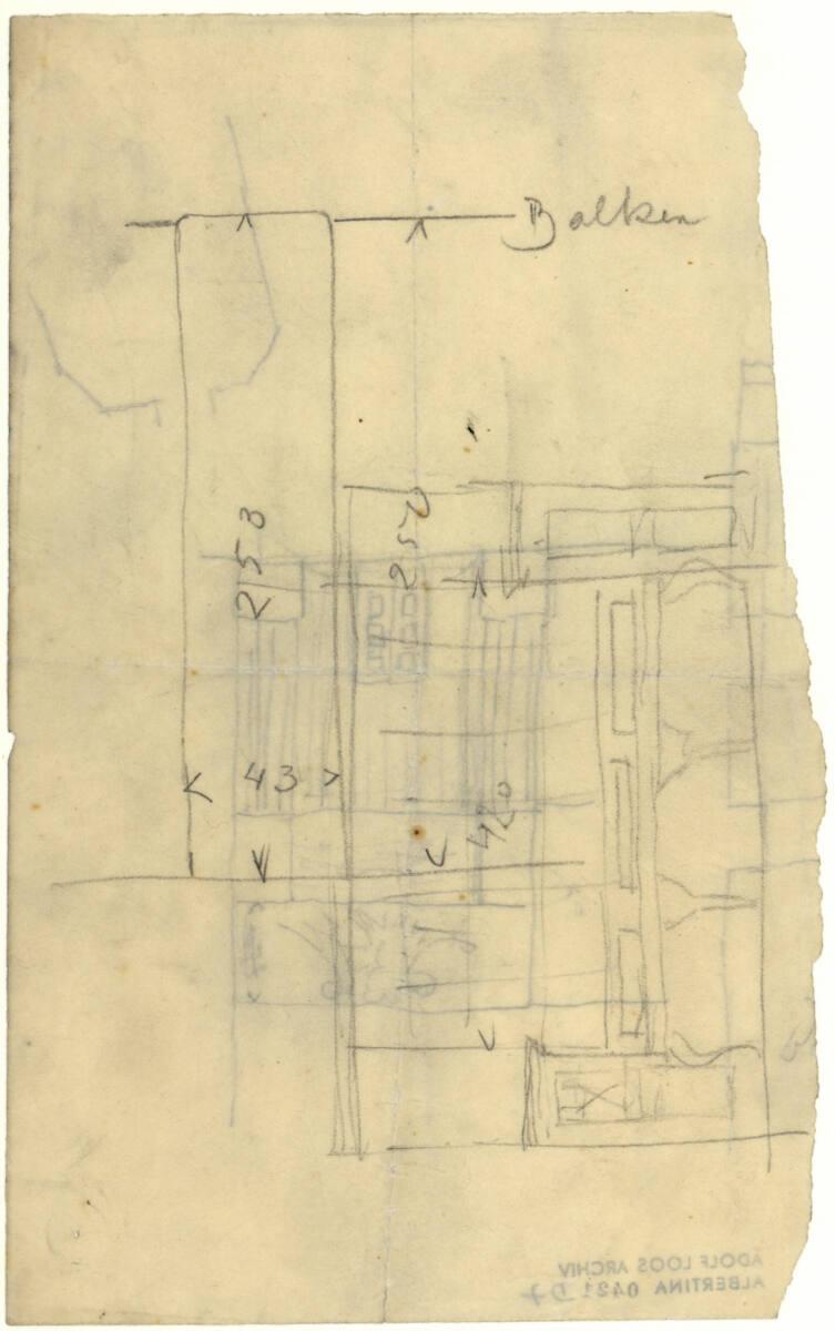 Wohnung Paul Mayer, Wien IV., Prinz-Eugen-Straße 80, Maßskizze, Wandverbau, rückseitig Anglo-Ös…