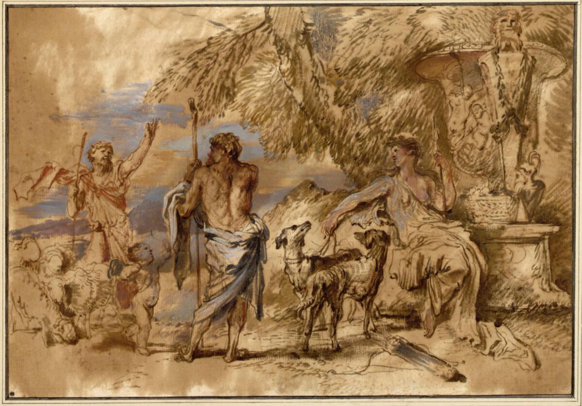 Giovanni Benedetto Castiglione, Diana rastet unter einem Baum bei einer Herme (In ihrer Rechten…