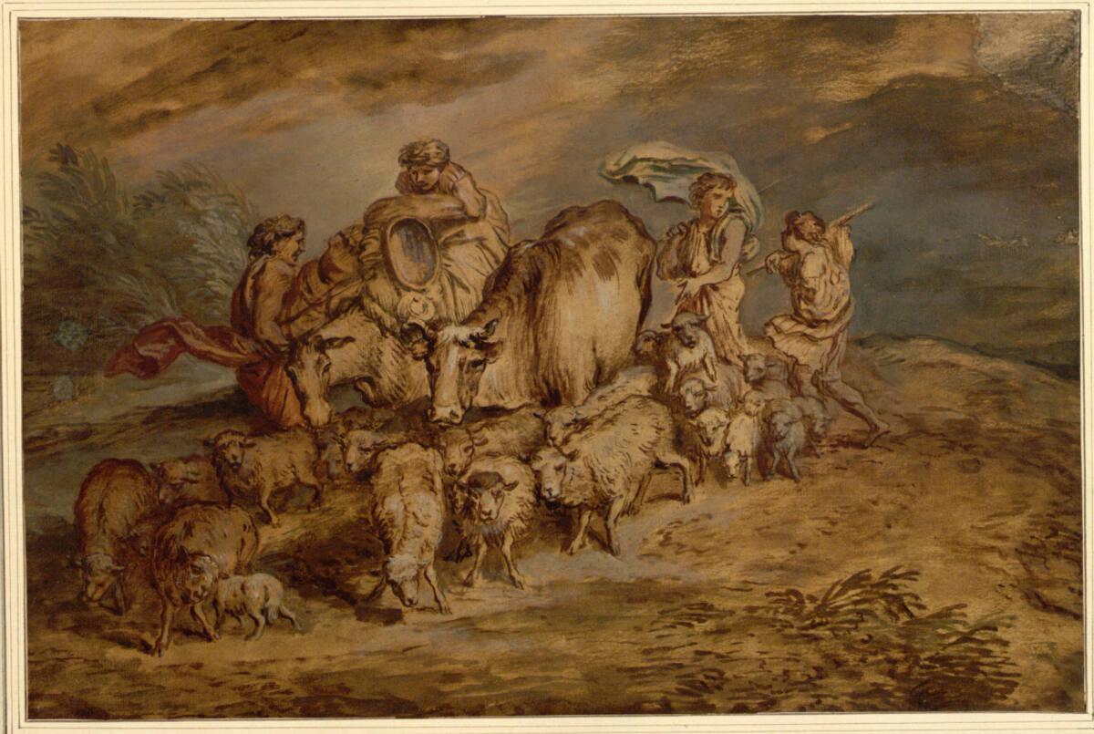 Giovanni  Francesco  Castiglione, Heimkehr der Hirten vor dem Unwetter; ein Hirt sitzt auf eine…
